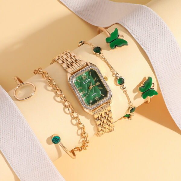 Wild Emerald Square Steel Watch Butterfly Bracelet 5pcsset Gift Set - Image 5